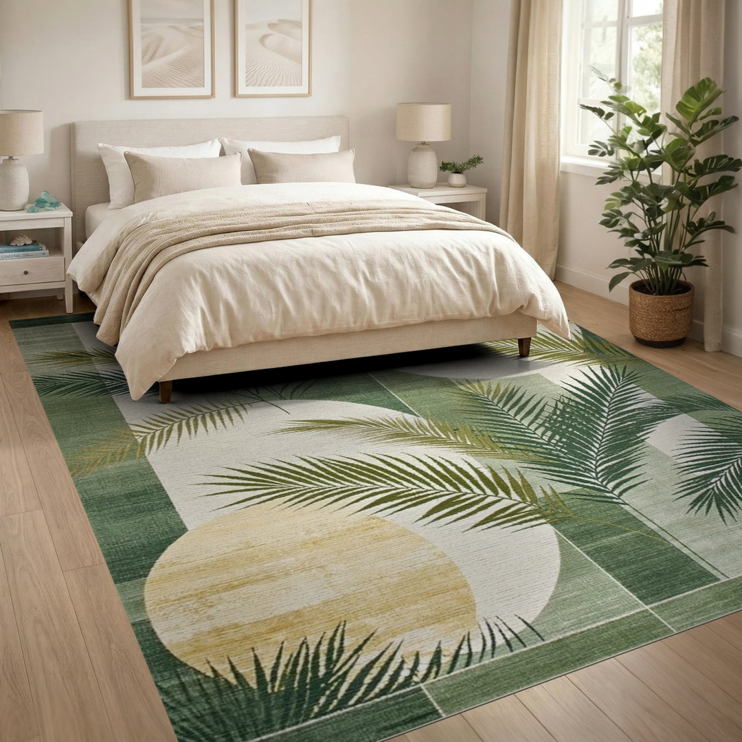 Geometric Modern Green Geometric Palm Leaf Area Rug