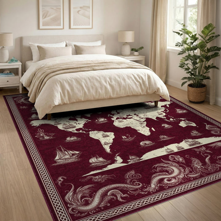 Red Vintage World Map Ships Area Rug