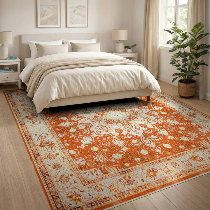 Orange Medallion Distressed Vintage Area Rug