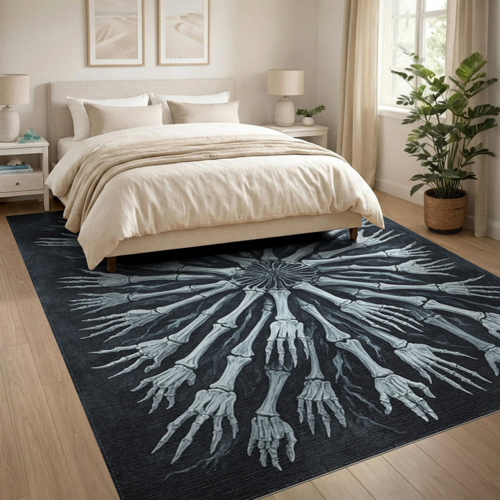 Black White Skeletal Hands Mandala Area Rug
