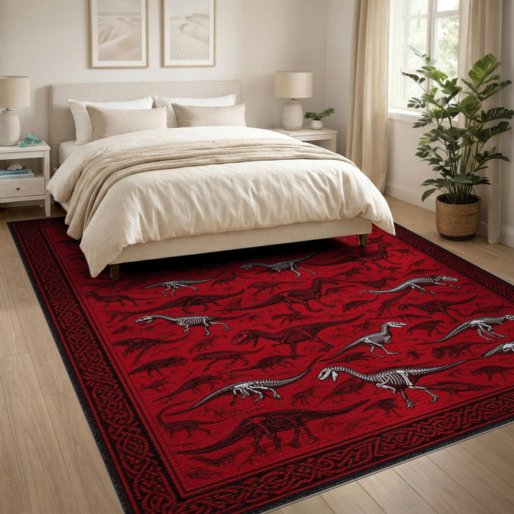 Dinosaur Skeleton Red Area Rug