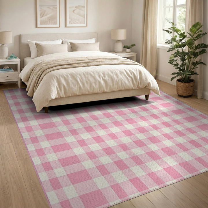 Rustic Farmhouse Pink Gingham Checkered Washable Area Rug