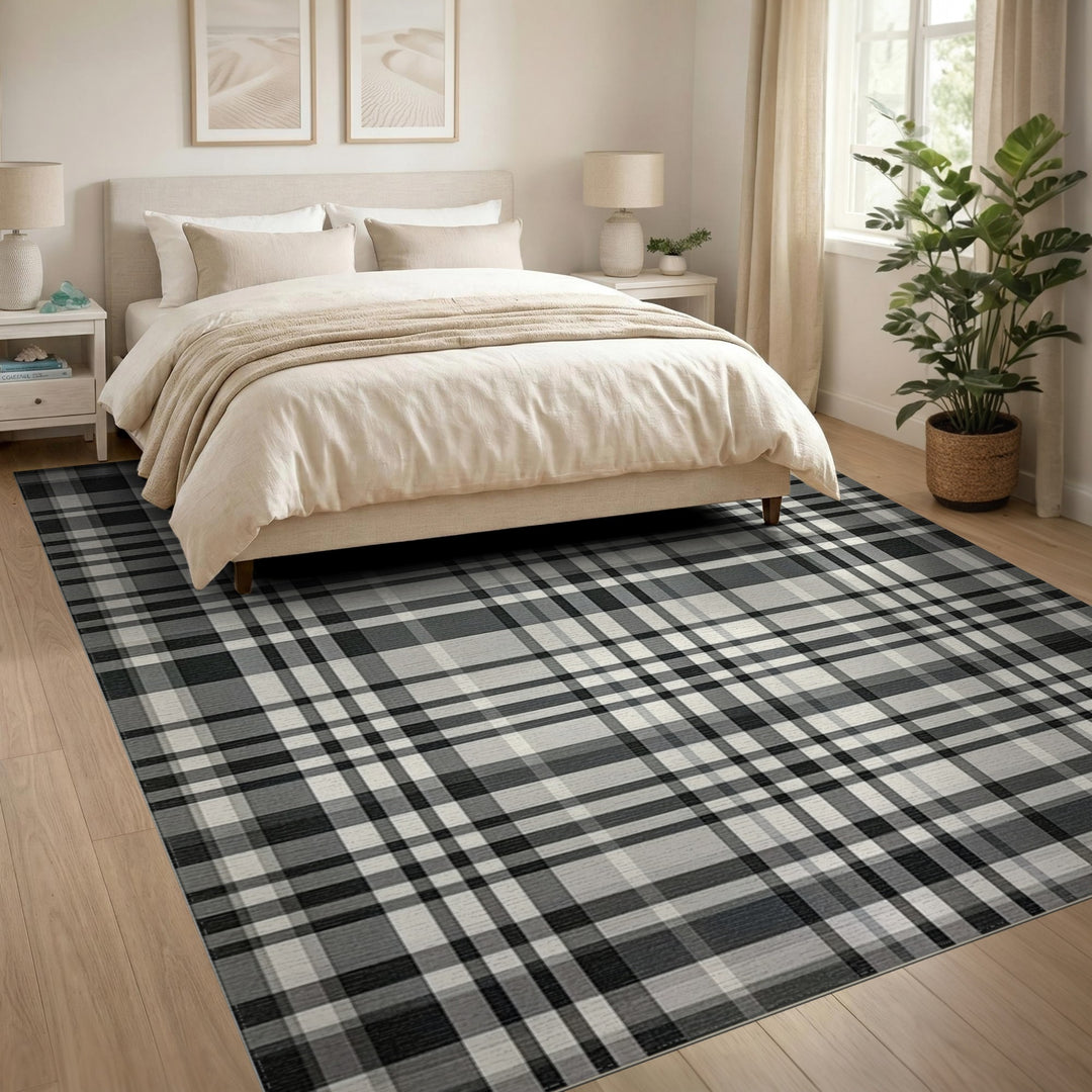 Black and White Black White Plaid Washable Area Rug