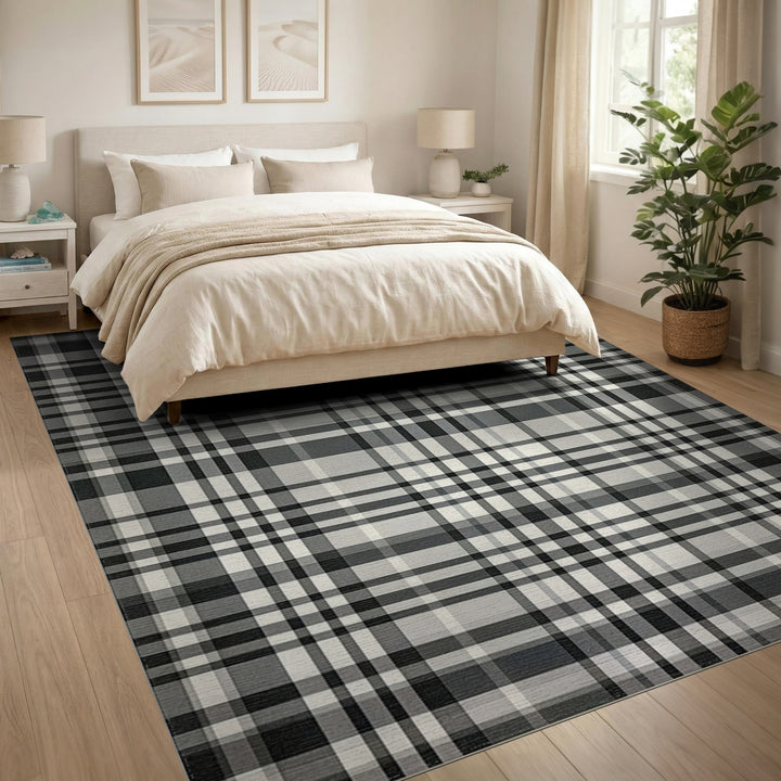 Black and White Black White Plaid Washable Area Rug