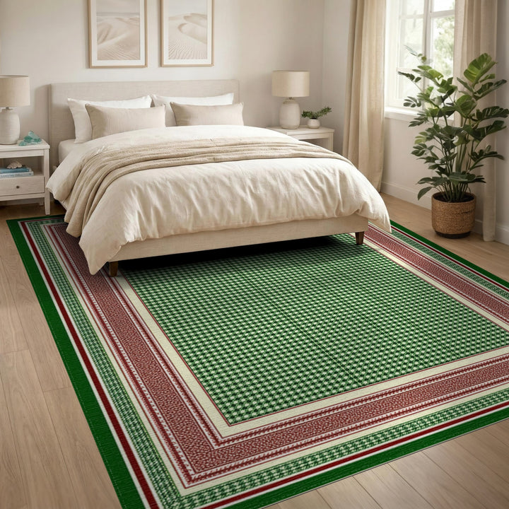 Green Checkered Area Rug with Red Border