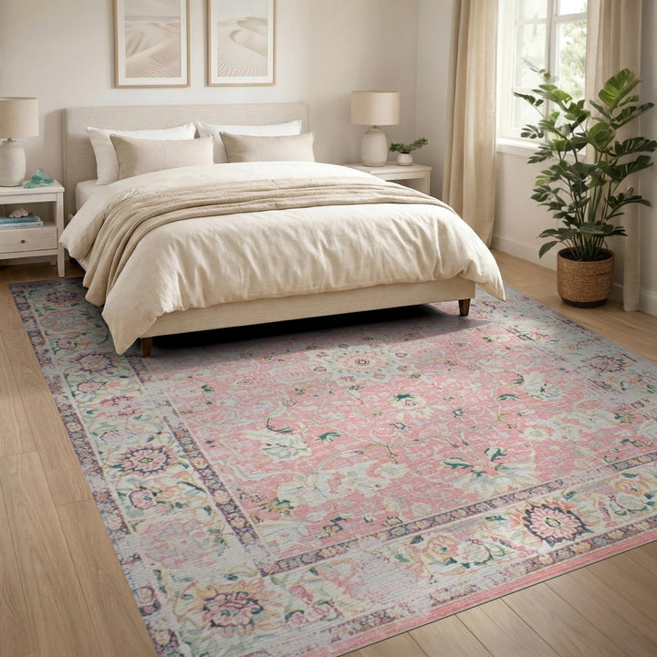 Pink Floral Vintage Washable Area Rug