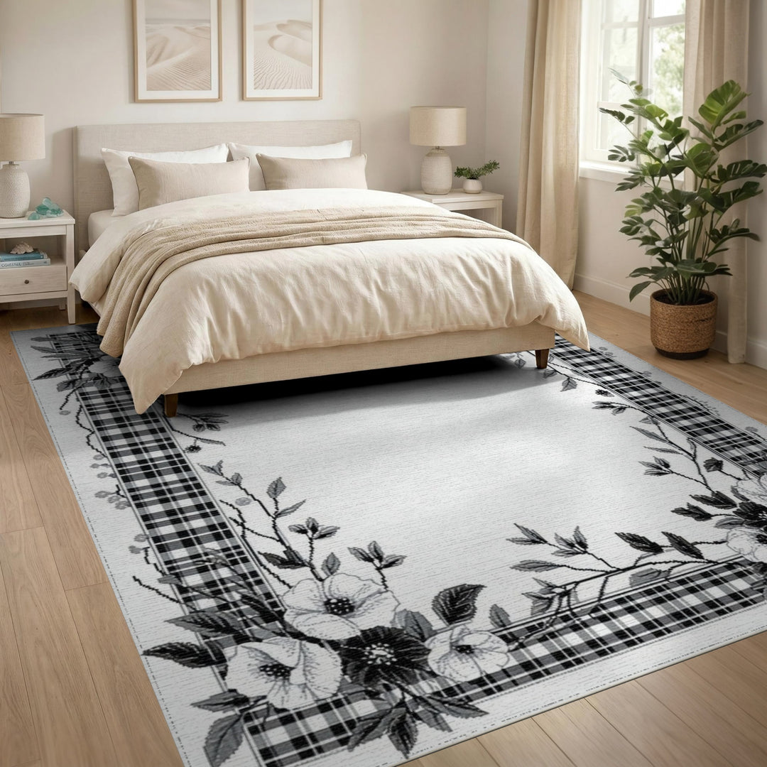 Black White Floral Vintage Plaid Area Rug