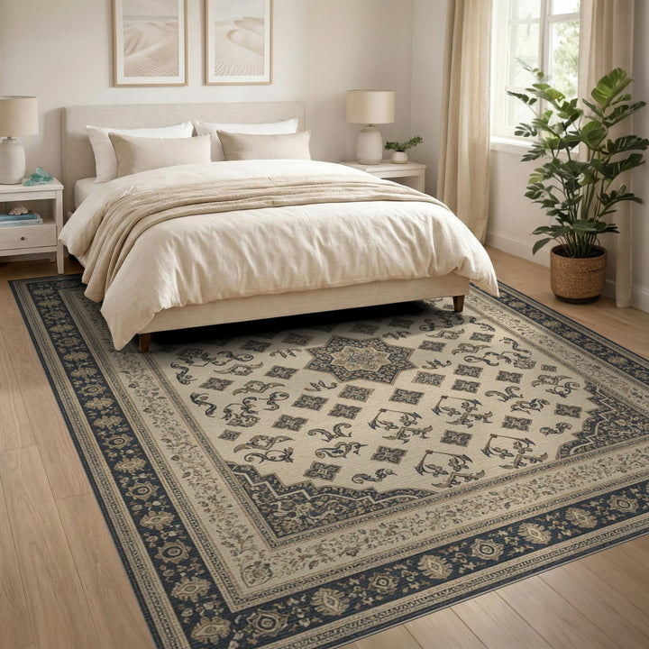 Traditional Persian Beige and Neutral Beige Persian Medallion Area Rug