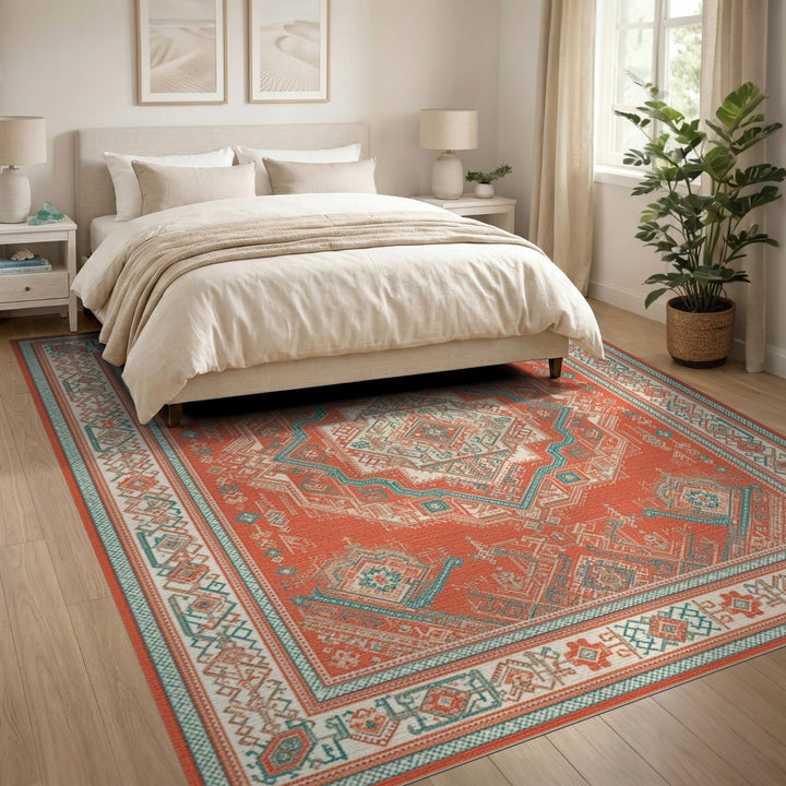 Orange Teal Tribal Area Rug