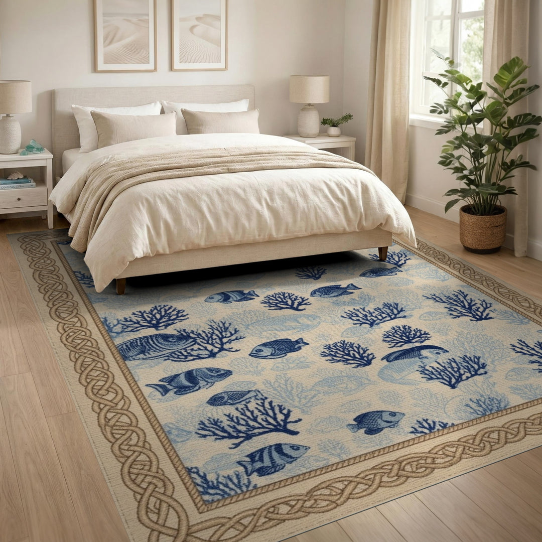Blue Fish Coral Coastal Area Rug