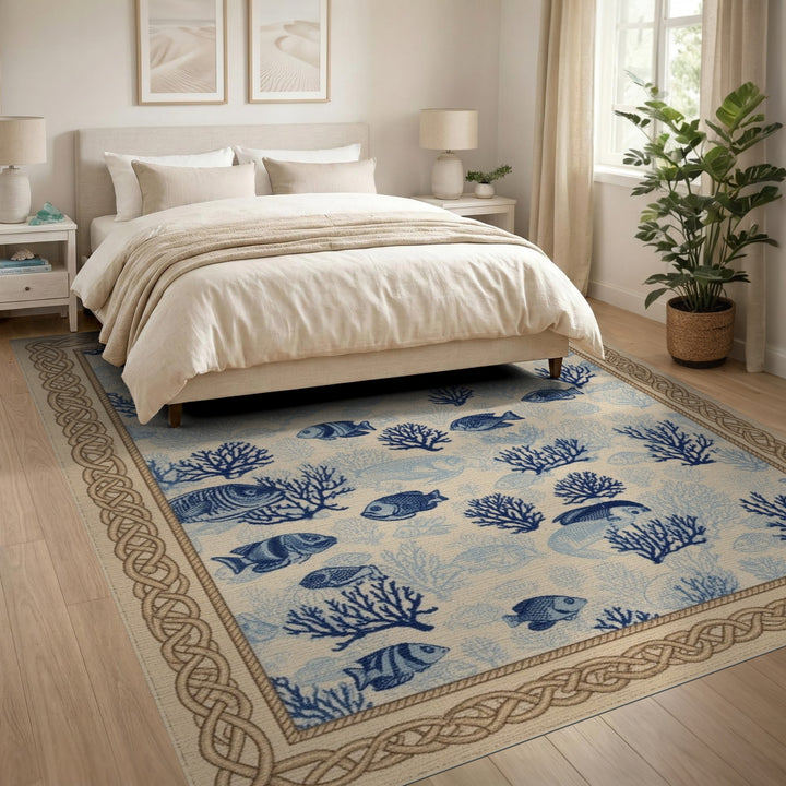 Blue Fish Coral Coastal Area Rug