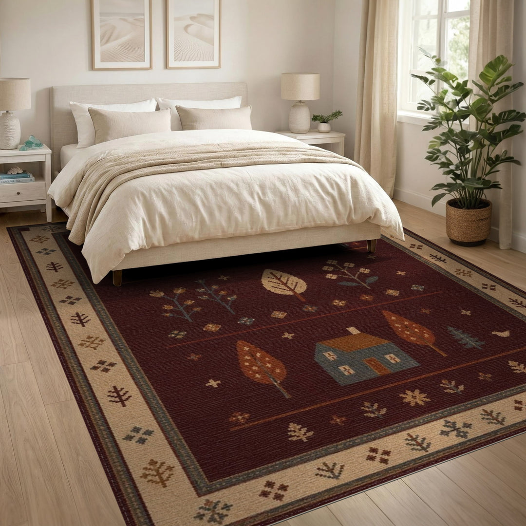 Red Rustic Farmhouse Area Rug with Houses and Trees