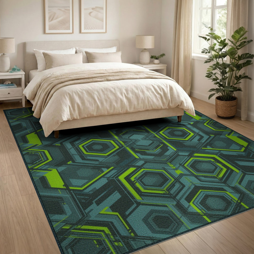 Neon Hex Geometric Teal Area Rug