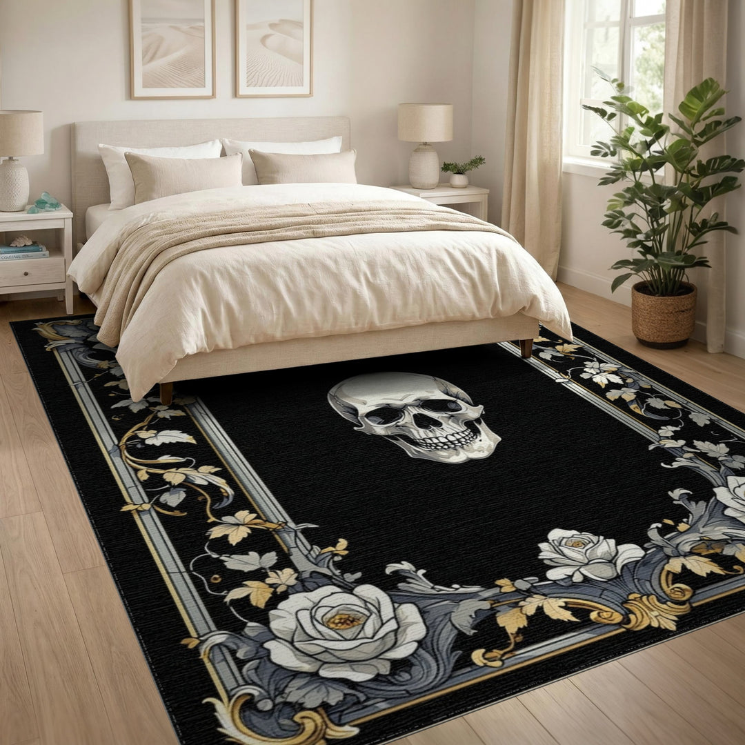 Black and White Black White Skull Rose Ornate Area Rug