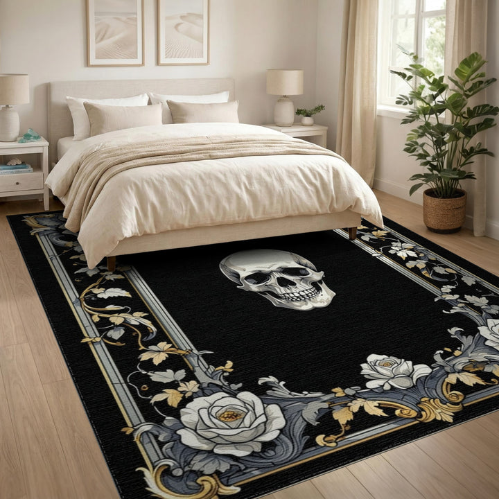 Black and White Black White Skull Rose Ornate Area Rug