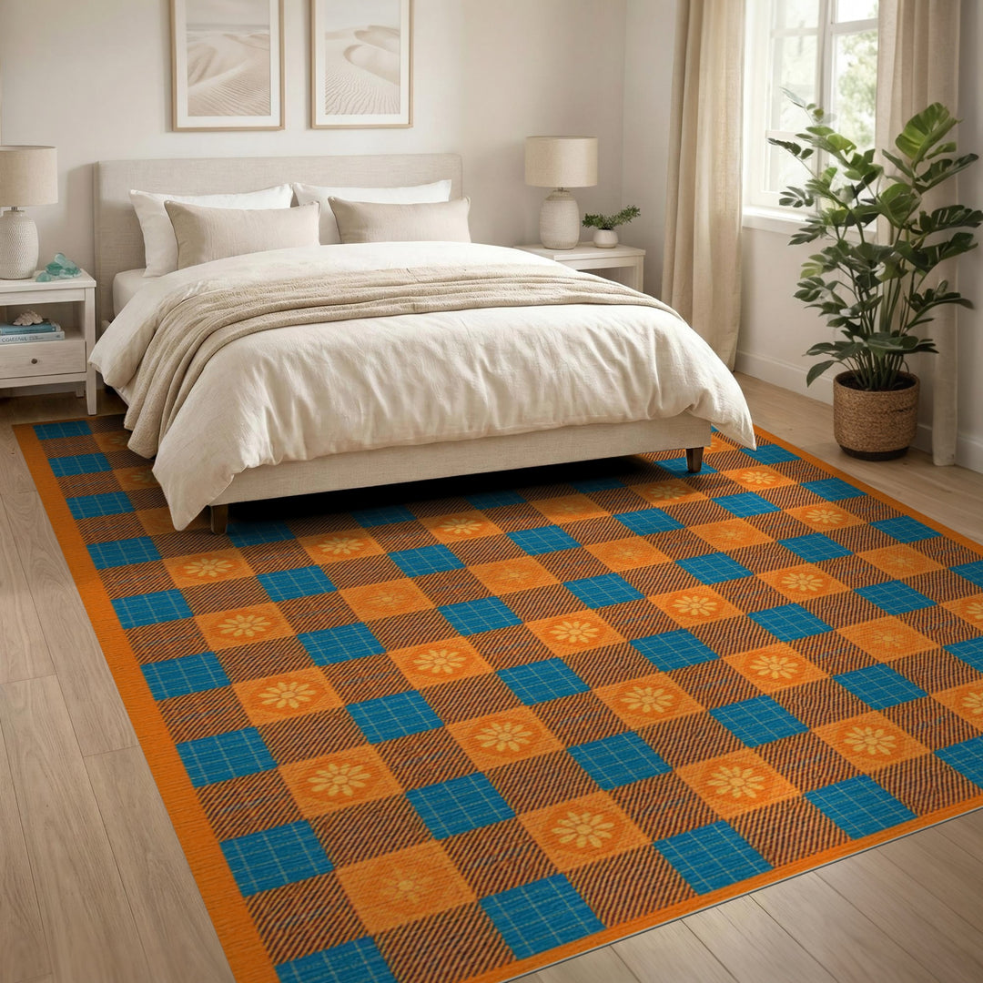 ODIKA Orange Checkered Floral Area Rug