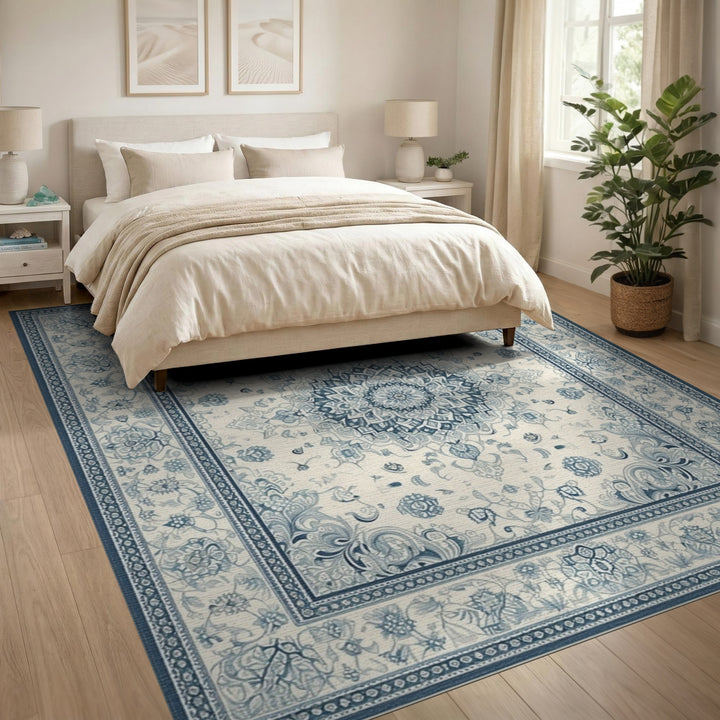 Traditional Persian Blue Floral Persian Medallion Area Rug