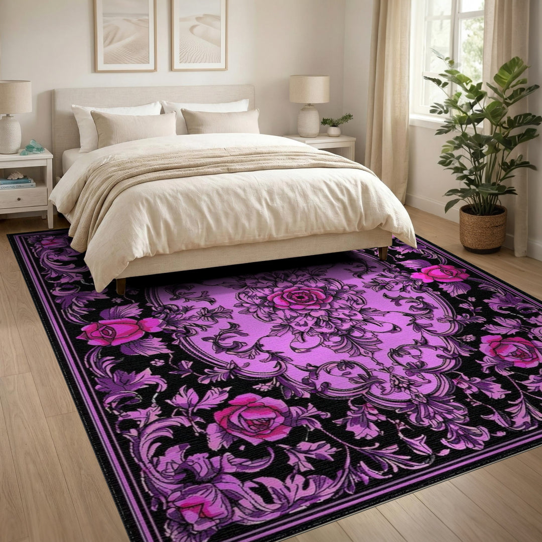 Purple Floral Vintage Area Rug with Pink Roses