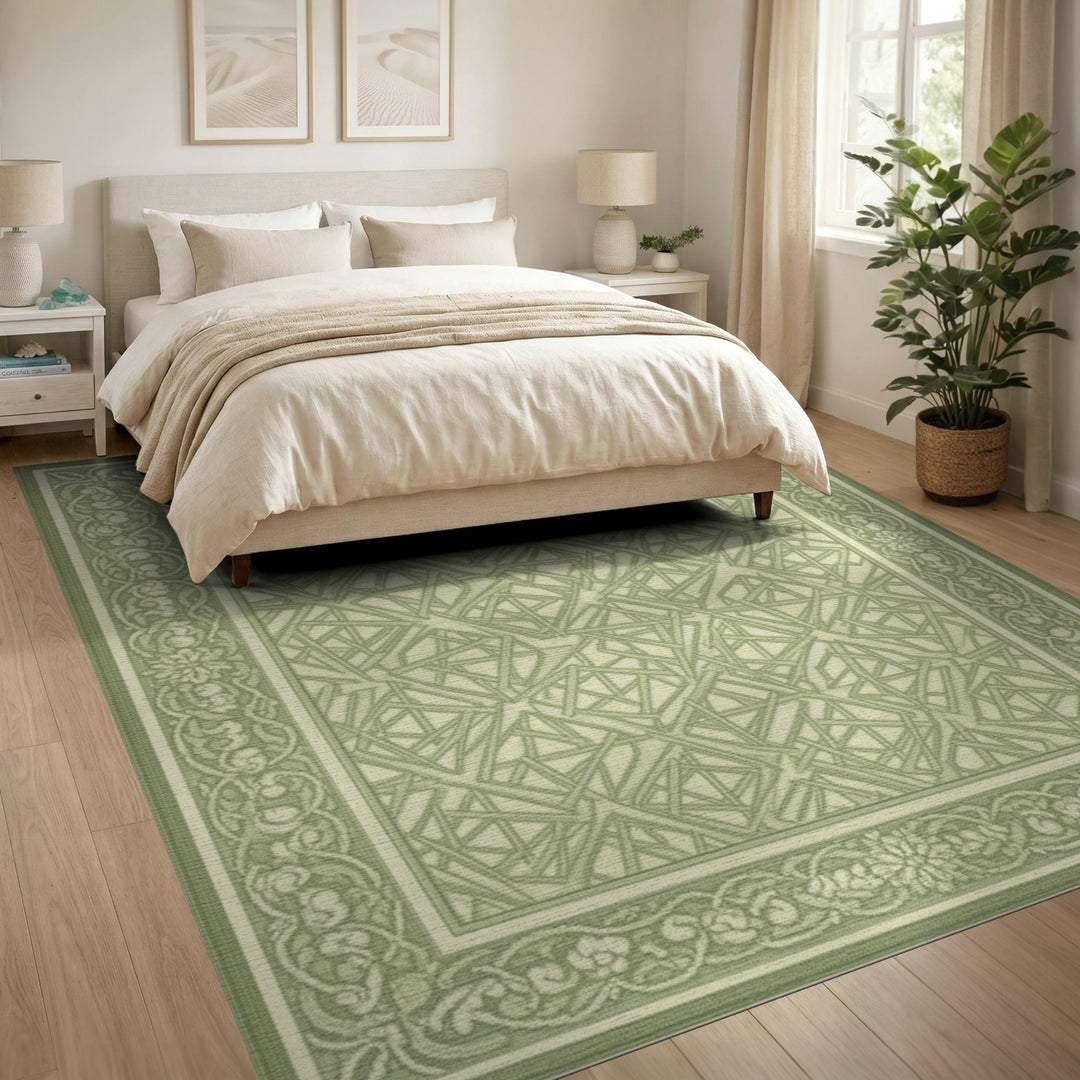 Green Geometric Area Rug with Floral Border