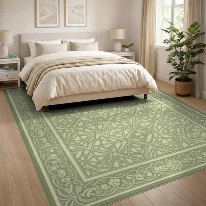Green Geometric Area Rug with Floral Border