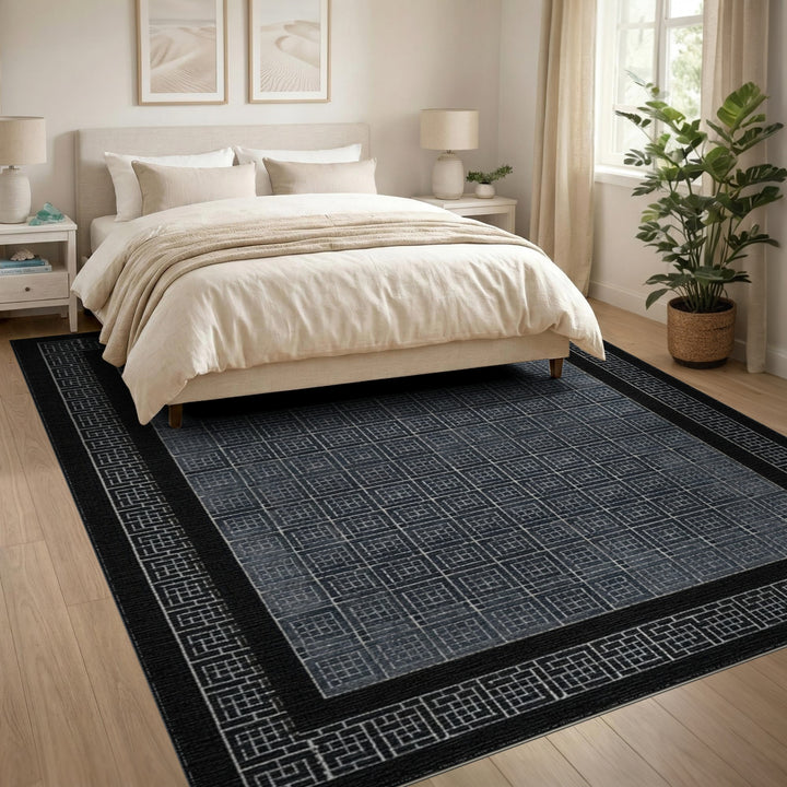 Black Geometric Grid Area Rug with Border