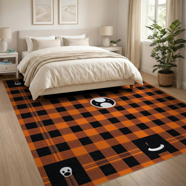 Orange Black Plaid Halloween Ghost Area Rug