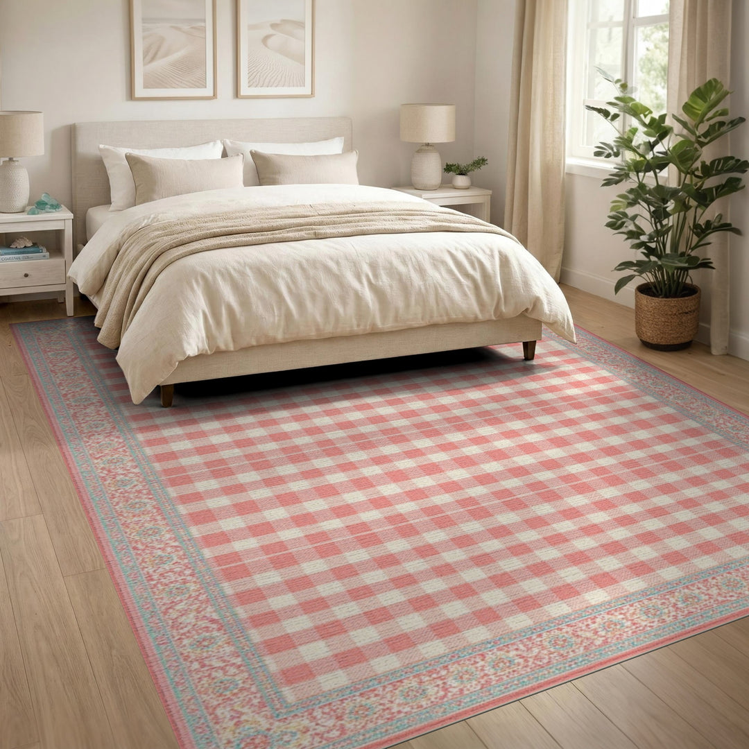 Pink Gingham Floral Border Area Rug