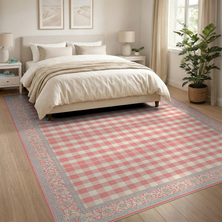 Pink Gingham Floral Border Area Rug