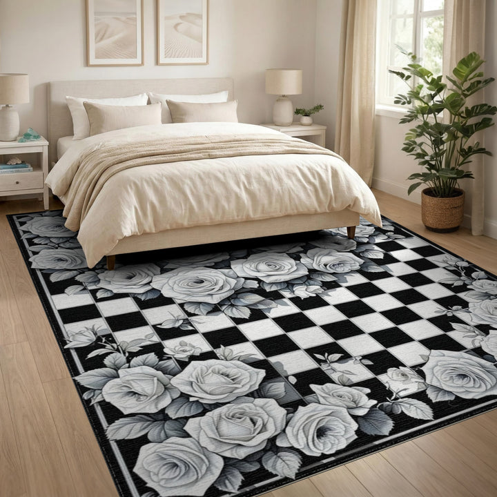 Black White Rose Checkerboard Area Rug