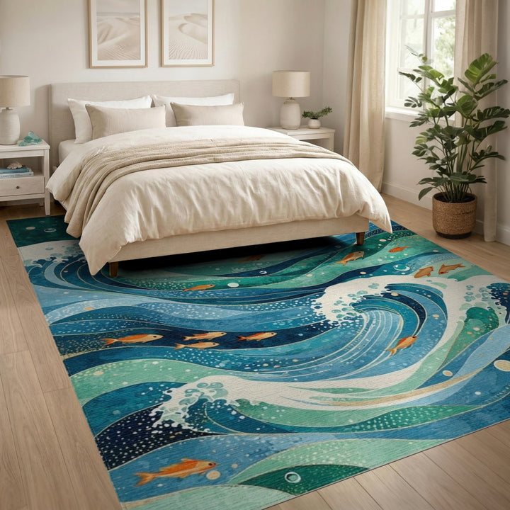 Blue Teal Ocean Wave Fish Area Rug