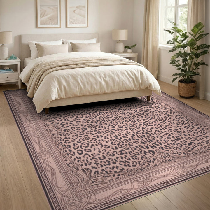 Pink Leopard Area Rug with Ornate Border