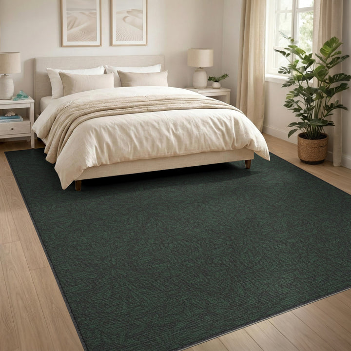 Dark Green Leafy Floral Area Rug