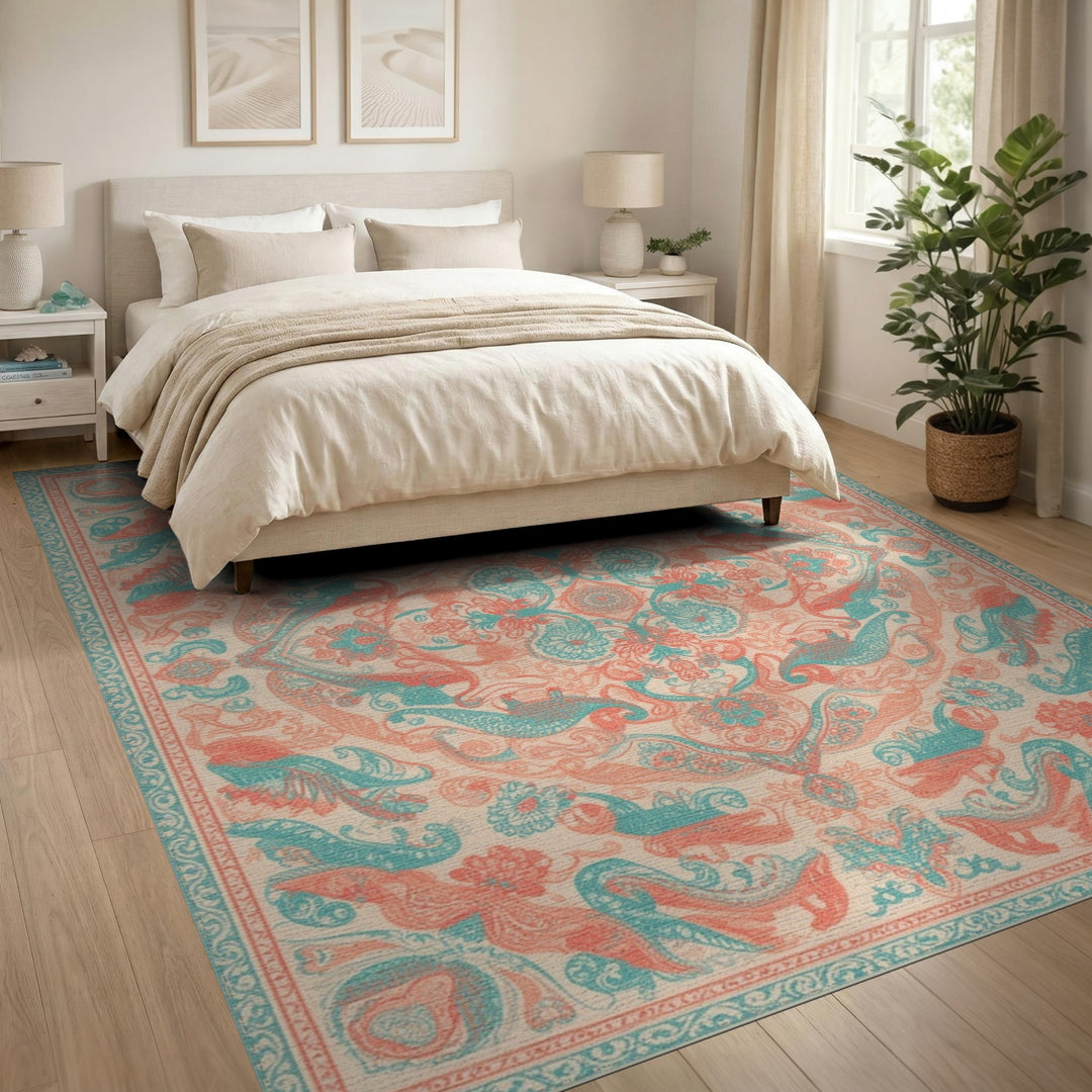 Blue and Teal Coral Traditional Persian Area Rug