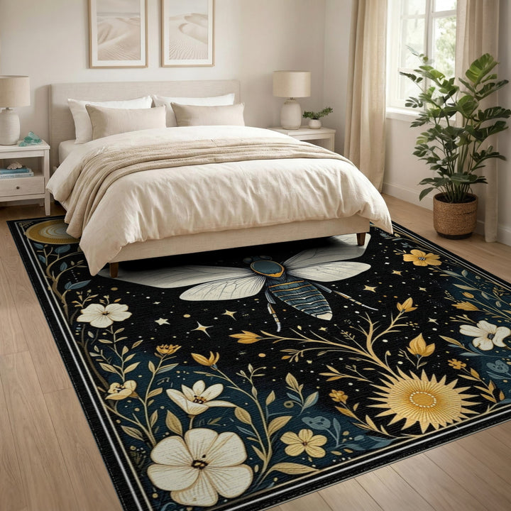 Celestial Moth Gold Floral Area Rug