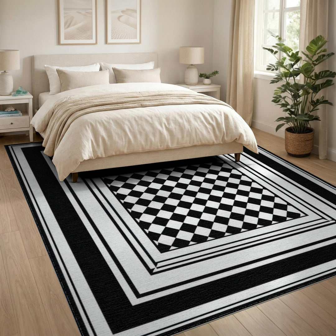 Black White Checkered Diamond Area Rug