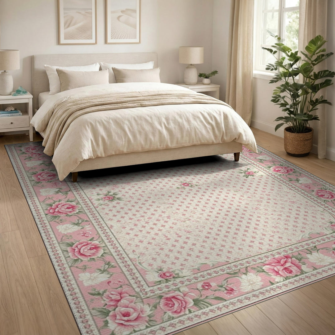 Pink Rose Floral Vintage Area Rug