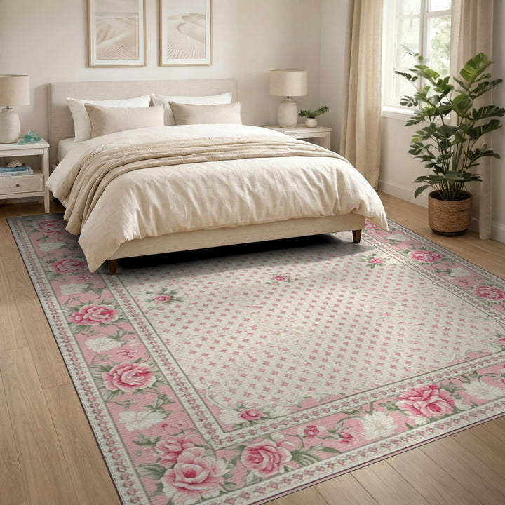 Pink Rose Floral Vintage Area Rug