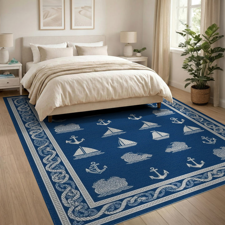 Nautical Blue Anchor Sailboat Area Rug