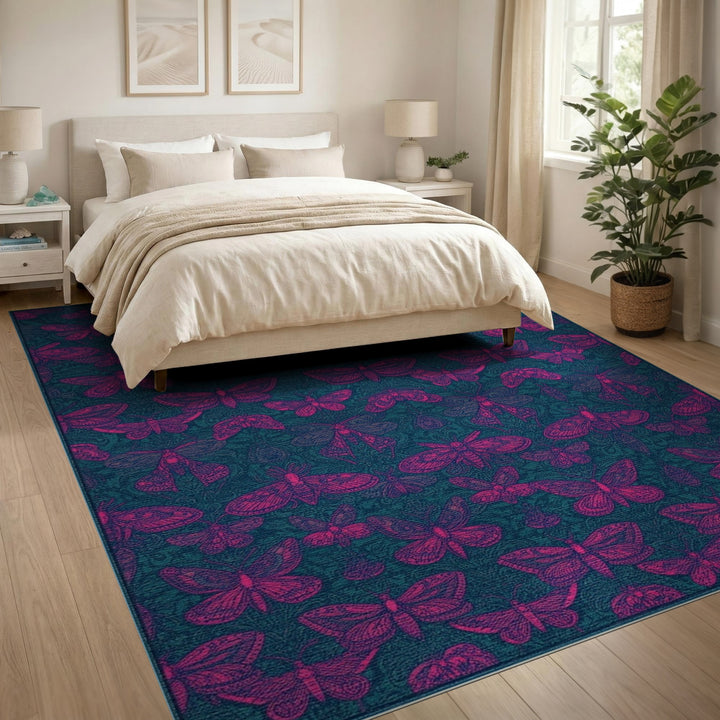 Pink Moth Teal Boho Area Rug