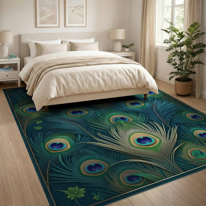 Boho Chic Peacock Feather Blue Teal Washable Area Rug