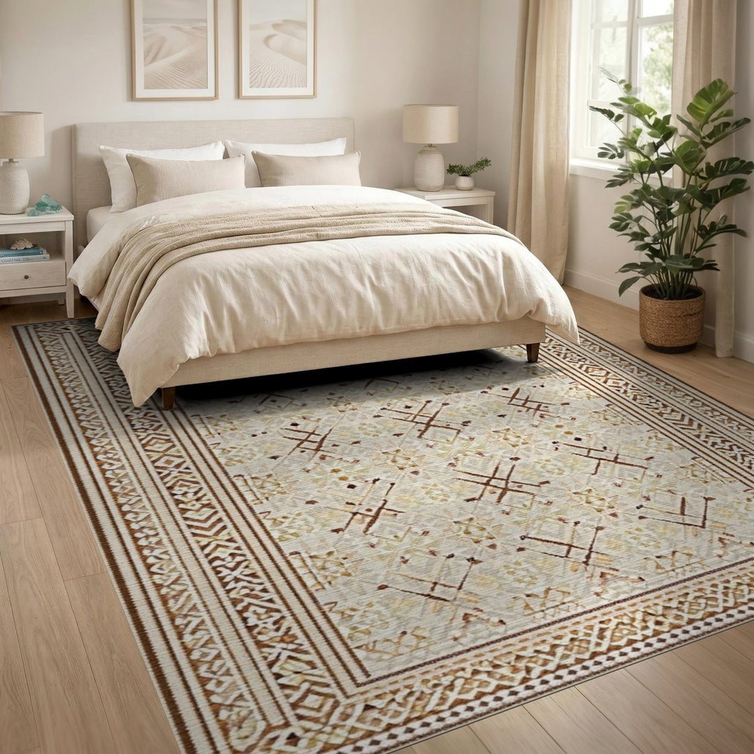 Beige Brown Geometric Tribal Area Rug
