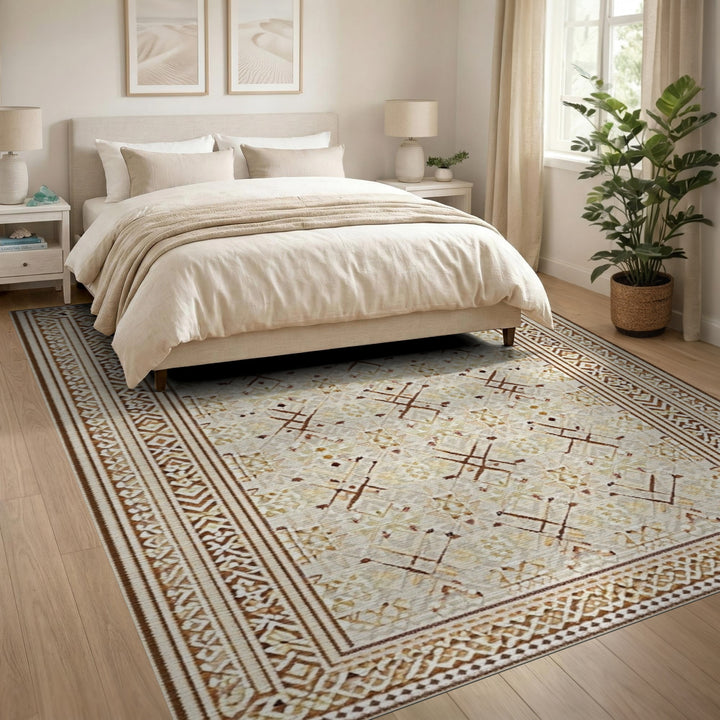 Beige Brown Geometric Tribal Area Rug