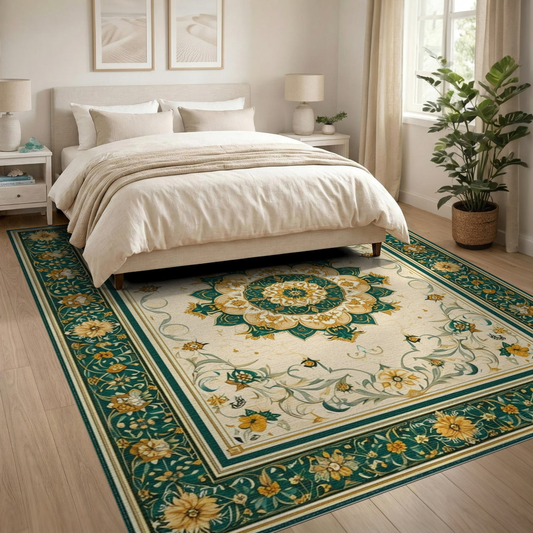 Blue and Teal Gold Floral Persian Medallion Rug