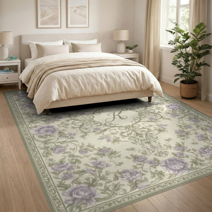 Purple Floral Vintage K Monogram Area Rug