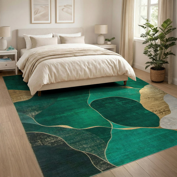 Green Abstract Area Rug with Gold Accents