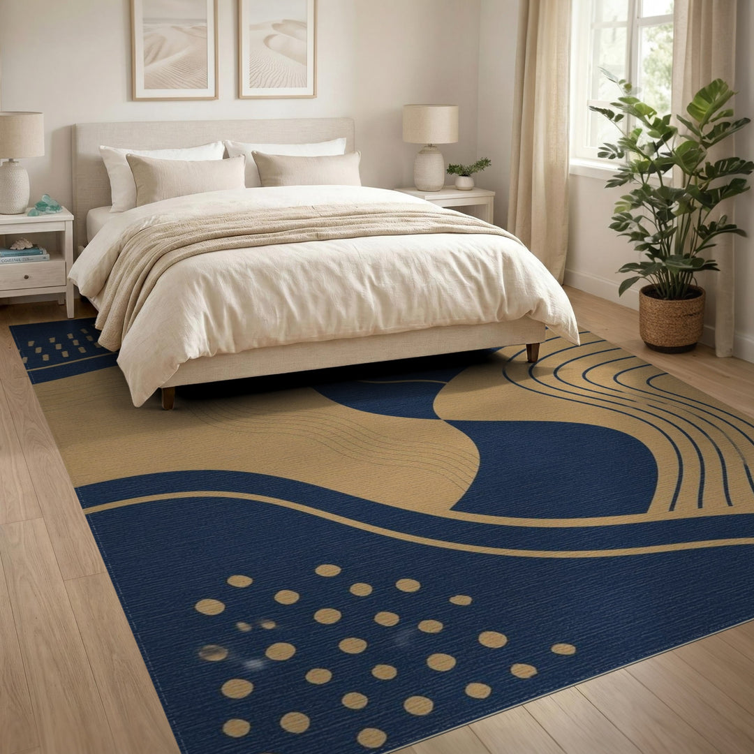 Blue and Teal Navy Gold Abstract Wave Area Rug