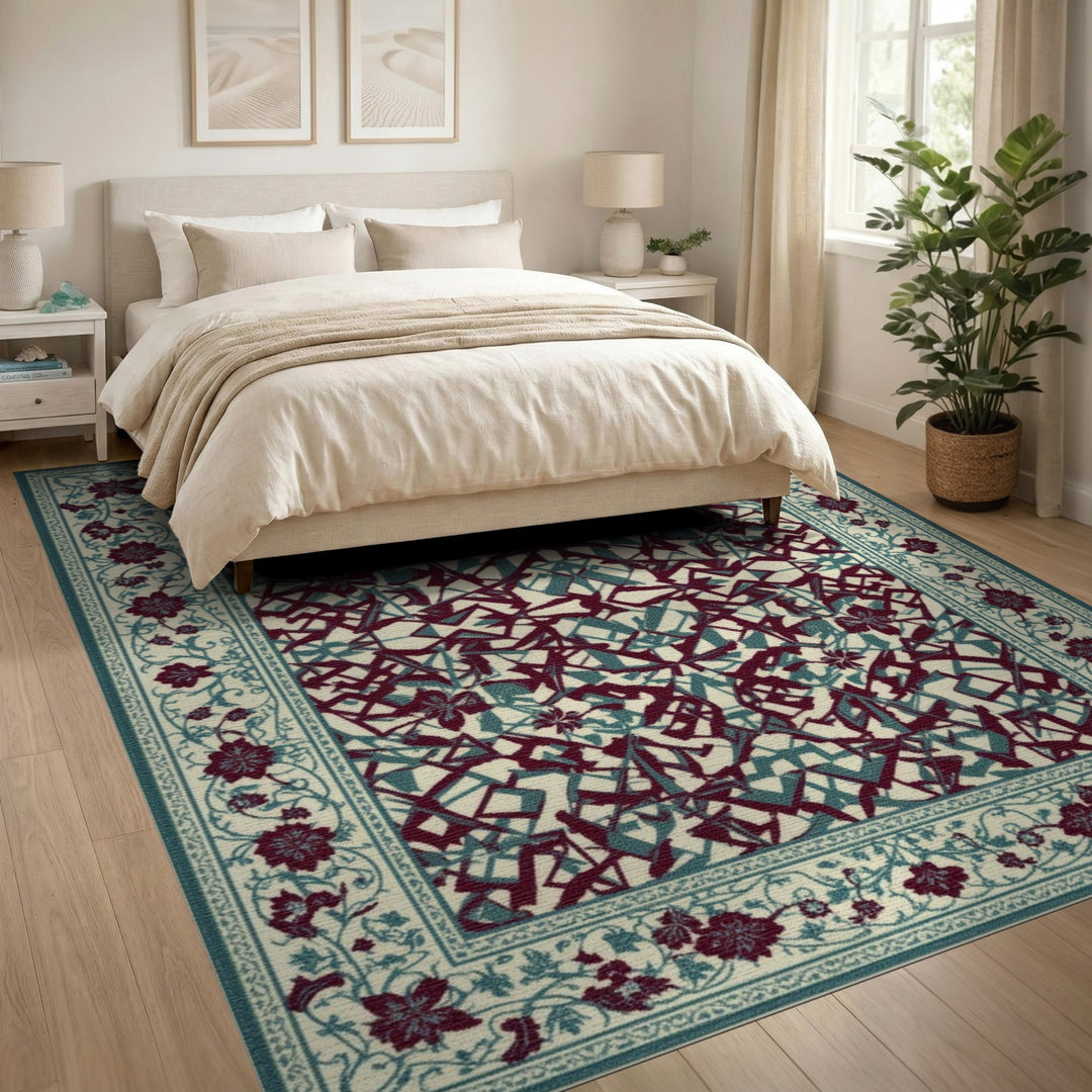 Teal Geometric Area Rug with Floral Border