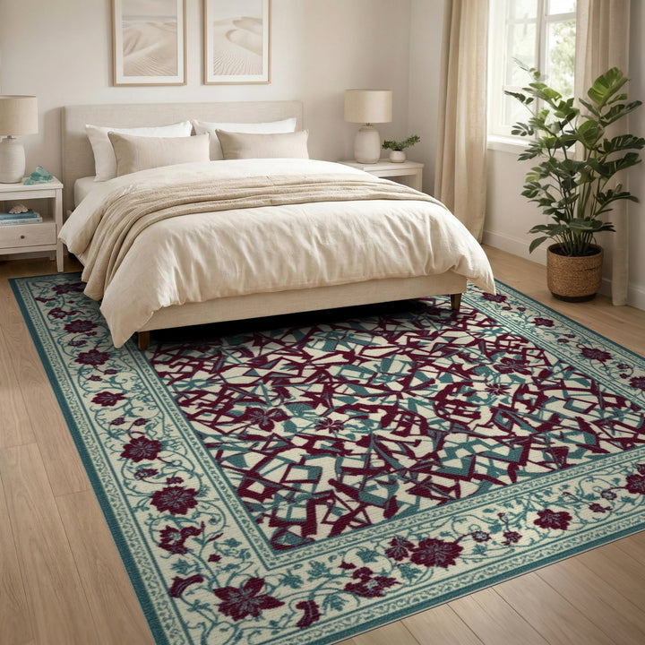 Teal Geometric Area Rug with Floral Border