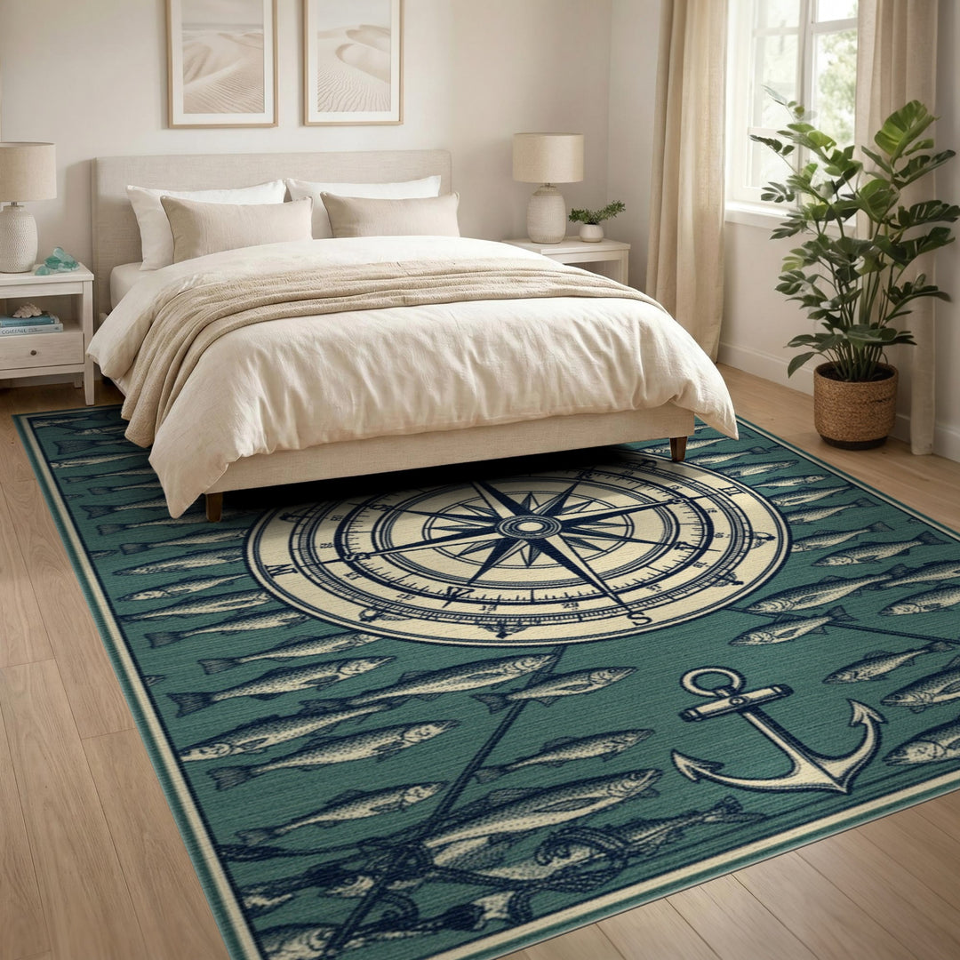 Nautical Compass Anchor Fish Area Rug