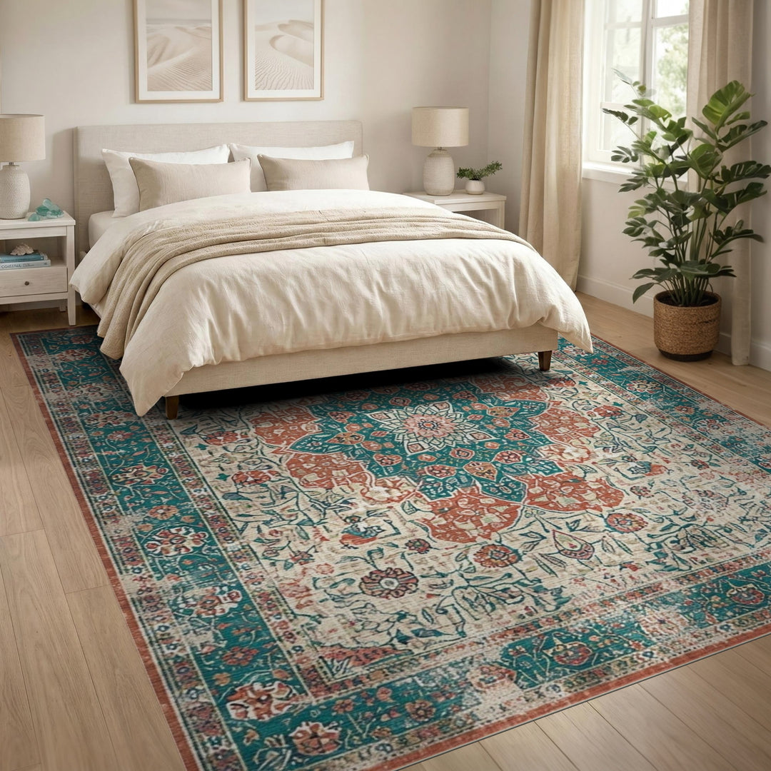 Teal Medallion Distressed Vintage Area Rug